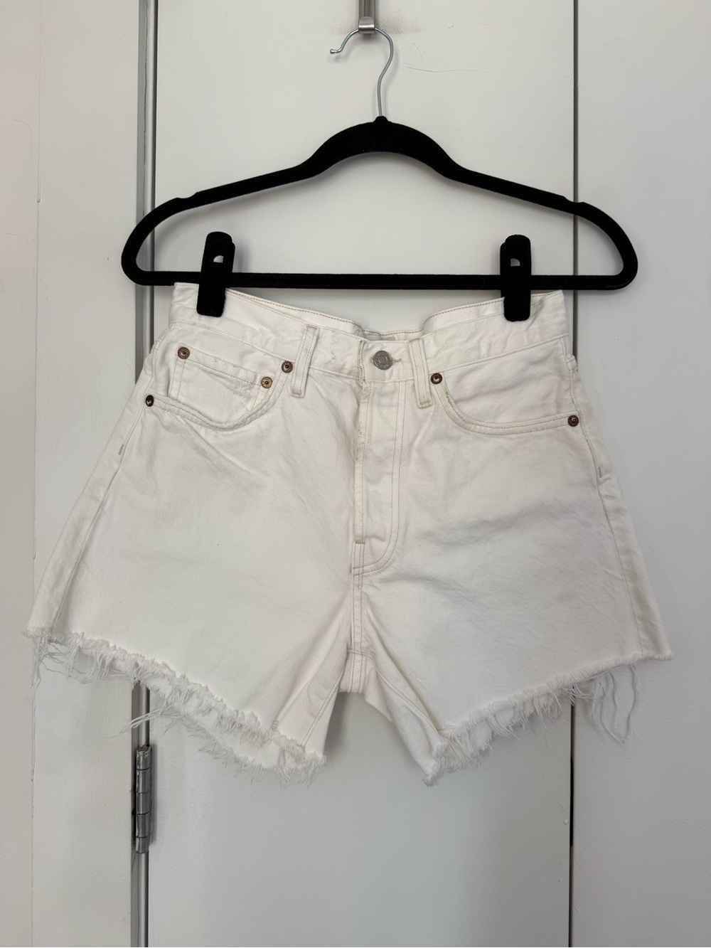 Agolde White Parker Long High-Rise Raw Hem Denim Shorts Size 26